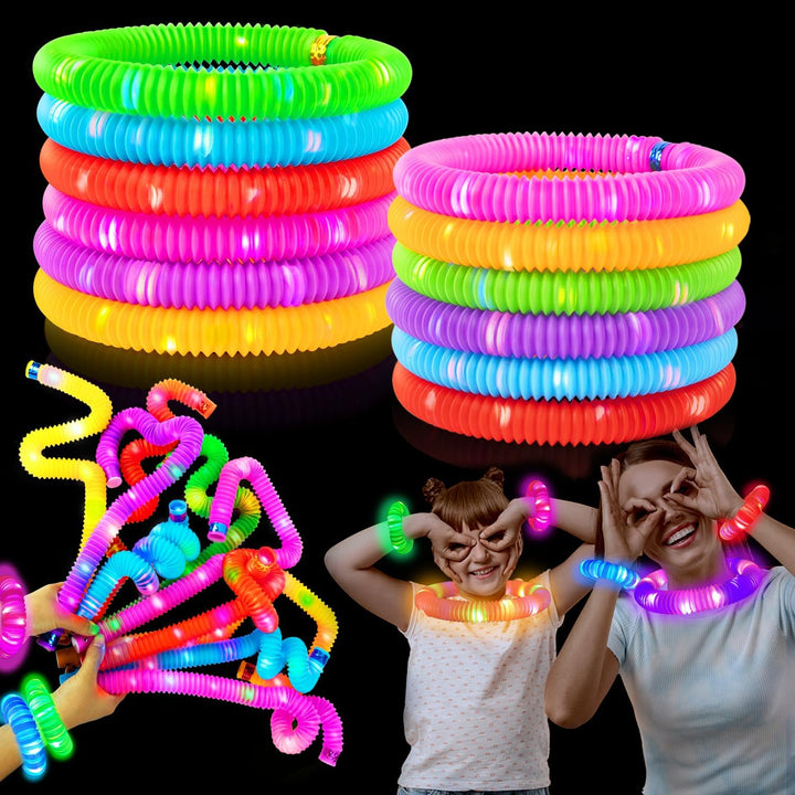 Glow Sticks Camping Essentials for Toddlers-6 PCS Light up Pop Tube Party Favors Toys Gifts for Kids Halloween,Led Bracelet Necklace Accessories,Fun Camp Games Activities Gear Stuff for Boys Girls