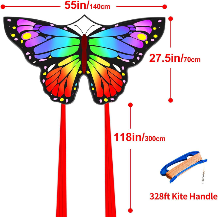 Butterfly Kites for Kids and Adults, Easy to Fly Large Single Line Kite for Boys and Girls - 55" X 28" Beach Kite for Beginners, 300Ft String Handle Included