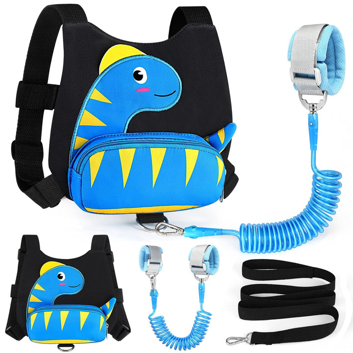 Toddler Harness with Leash, Cute Dinosaur Kids Harness + anti Lost Wrist Link, Mini Child Harness Leash Wristband Strap Belt Protector for Baby Boys Girls to Outdoor Travel (Blue)