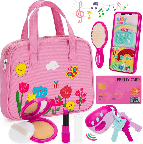 Play Purse Toy for Girls 1 2 3 Years Old, Toddler Purse Girl Toys with Pretend Makeup Kit, Pretend Princess Play Toys for Little Girls, Birthday for Toddler Girls Age 2-3