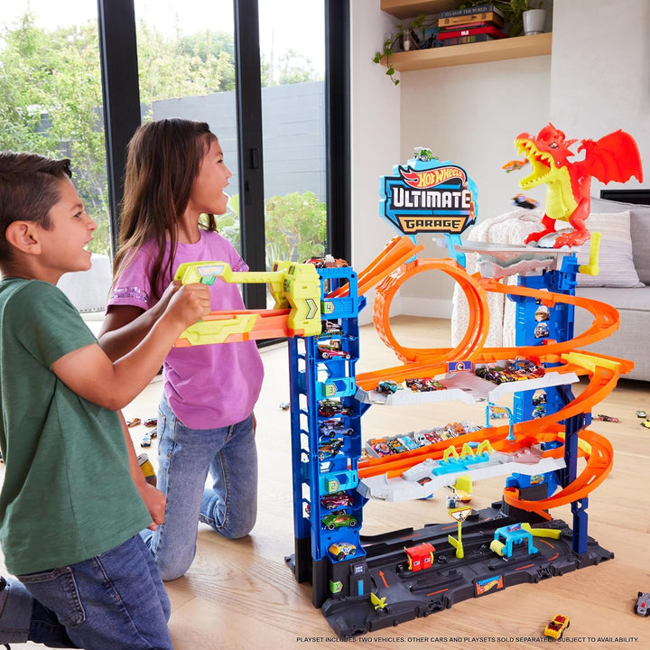 City Ultimate Garage Track Set with 2 Die-Cast Toy Cars & Car-Eating Dragon, Stores 50+ Vehicles, 4 Levels