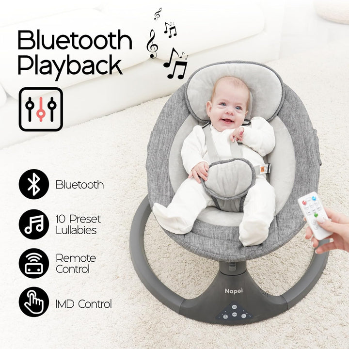Baby Swings for Infants to Toddler, Electric Baby Swing and Infant Swings for Newborn, 10 Music with Remote Control and Bluetooth, 5 Swing Angles with Gentle Speed, 2 Seat Position, 0-9 Month (Gray)