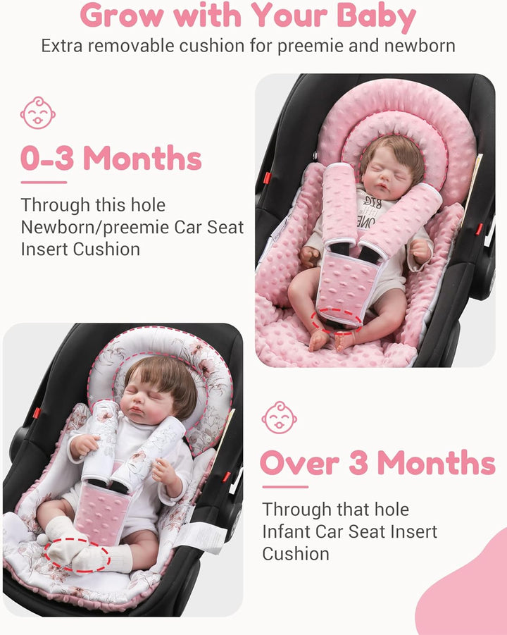 Infant Car Seat Insert with Removable Cushion for Baby Preemie Newborn Infant, Reversible Carseat Insert Head Body Support Fits for Stroller, Baby Swing, Rocker, Bouncer, Bassinet - Pink
