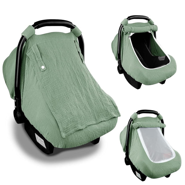 Muslin Car Seat Covers for Babies, Summer Baby Car Seat Cover for Boys Girls with Breathable Window, Lightweight Infant Car Seat Canopy, Green