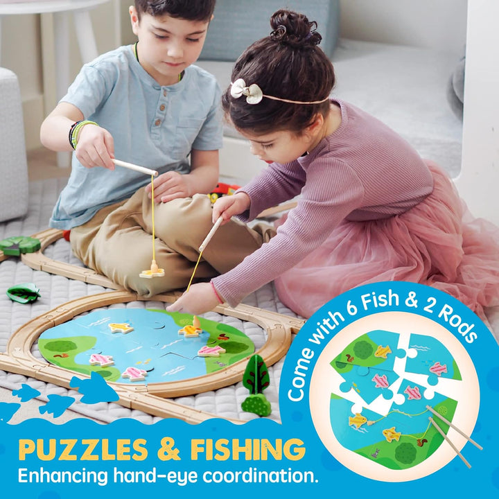 110PCS Wooden Train Set – Toy Train with Tracks for Kids Ages 3-7, Compatible with Major Brands, Ideal Railway Playset for Boys and Girls, Great Birthday