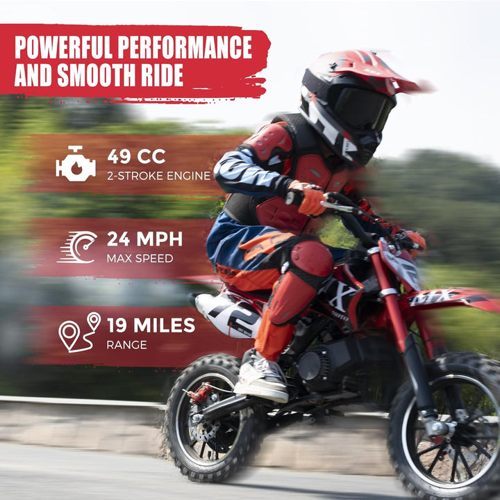 49CC Gas Dirt Bike for Kids 24 MPH Max Speed, Front/Rear Disc Brakes, Dual Suspension, Easy Pull Start - Mini Off-Road Motorcycle, with Armor 250 LBS Capacity Red
