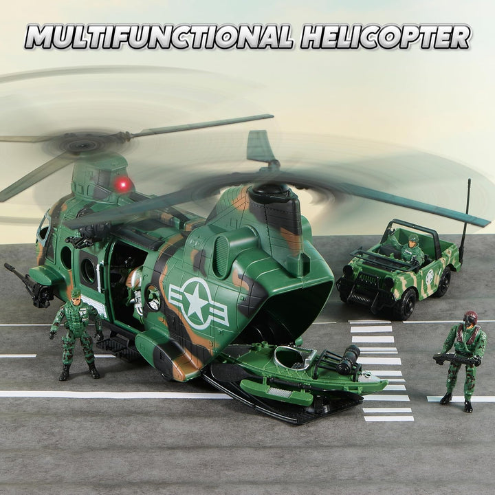 10-In-1 Military Helicopter Toys Set with Light, Sound, Trucks, Boat, Bike, Army Men, Weapons - Christmas Birthday Party Gifts for Kids