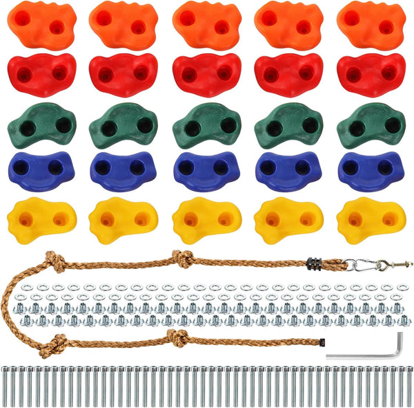 25 Packs Rock Climbing Holds for Kids and Adults, Indoor & Outdoor Rock Wall Climbing Kit, Multi-Colored Climbing Rock Wall Grips with Mounting Hardware, Knotted Rope and 25 Handles