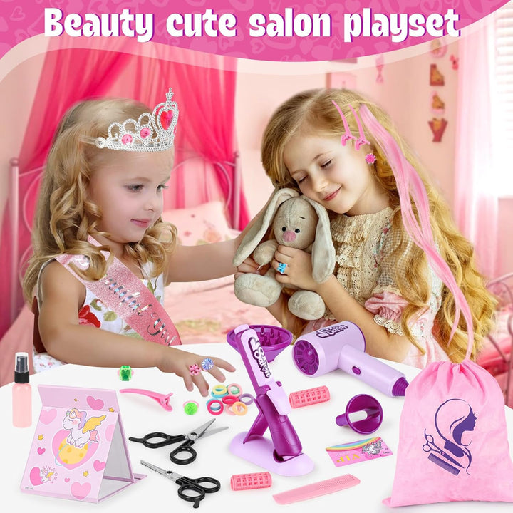 Hair Salon Toys for Girls, 40Pcs Girl Beauty Salon Playset Pretend Hair Styling Set with Hairdryer, Curling Iron, Mirror, Barber Apron and Styling Accessories for Toddler Makeup Party Christmas