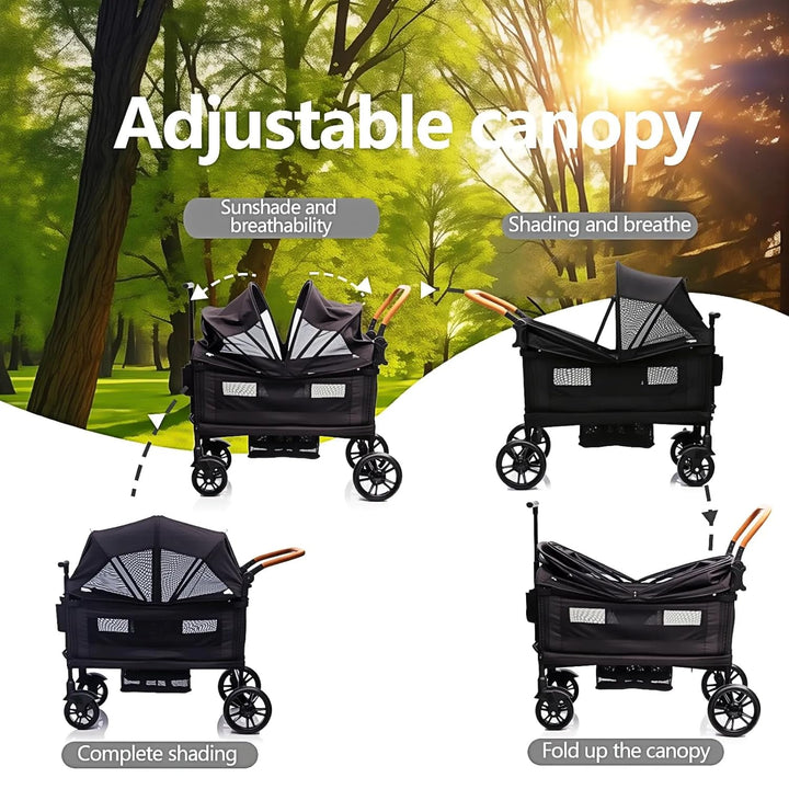 Wagon Stroller for 2 Kids & Cargo-Travel Stroller Push-Pull Double Wagon Lightweight Folding Stroller for Newborn&Toddler with 5-Point Harness,Adjustable Handle Bar and Canopy,Tray Table,Cup Holder
