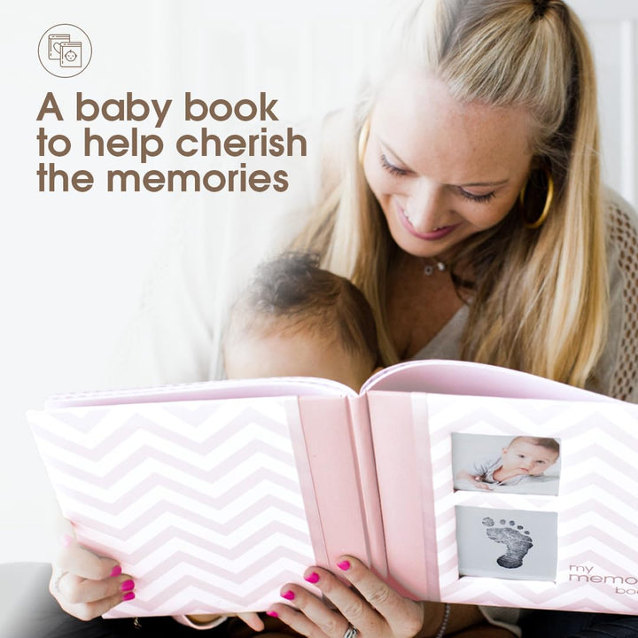 Baby Memory Book, First 5 Years Baby Milestone Book, Pregnancy Journal, Gender Neutral Newborn Keepsake, with Clean-Touch Ink Pad for Baby'S Handprint or Footprint, Pink Chevron