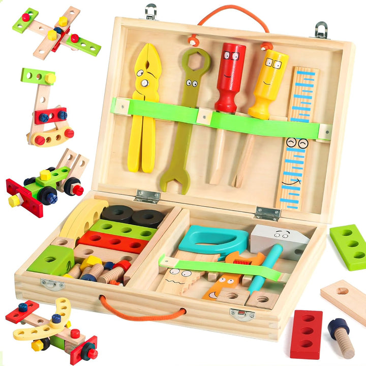 Kids Tool Set with Apron, Wooden Toddler Tool Bench Montessori Toys for 2+Year Old 39 PCS Educational STEM Construction Toys for Ages 2-4 Pretend Play Toddler Toys 3 4 5 Year Old Birthday Gift