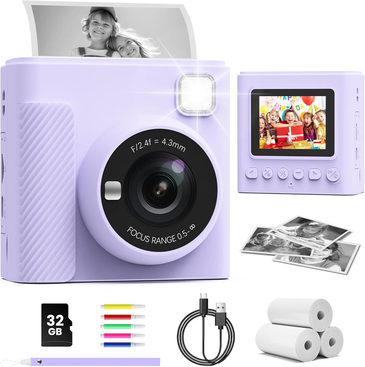 Kids Instant Print Camera, Christmas Birthday Gifts for Girls and Boys, 1080P HD Video Digital Kids Camera with Print Paper & 32G Card, Toddler Toy for 3-14 Years Old (Green)