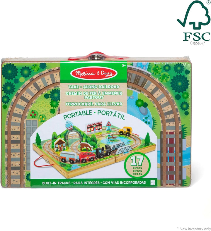 17-Piece Wooden Take-Along Tabletop Railroad, 3 Trains, Truck, Play Pieces, Bridge - FSC Certified