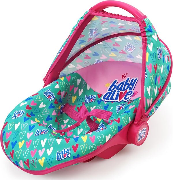 : Deluxe Doll Car Seat - Green, Pink, Hearts - Accessory for Dolls up to 18", Portable, Transform to Lounge Seat, Canopy, Kids Toy Ages 3+