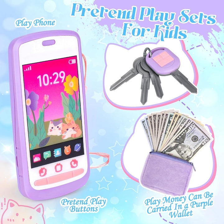 Toddler Play Purse for Little Girls, 30PCS Kids Purse with Pretend Play Princess Toys Includes Crossbody Bag, Phone, Wallet, Cat Sunglasses, Hair Clip, Kids Toy Birthday Gift Toy for Girls 3 4 5 6+