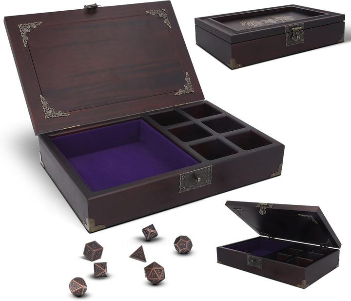 DND Dice Tray 3 in 1 - Dice Box with D&D Dice Metal - Wooden Dice Tray | DND Dice Box with DND Journal for RPG Table Games (200 Page) - DND Set for Dungeons & Dragons Players -