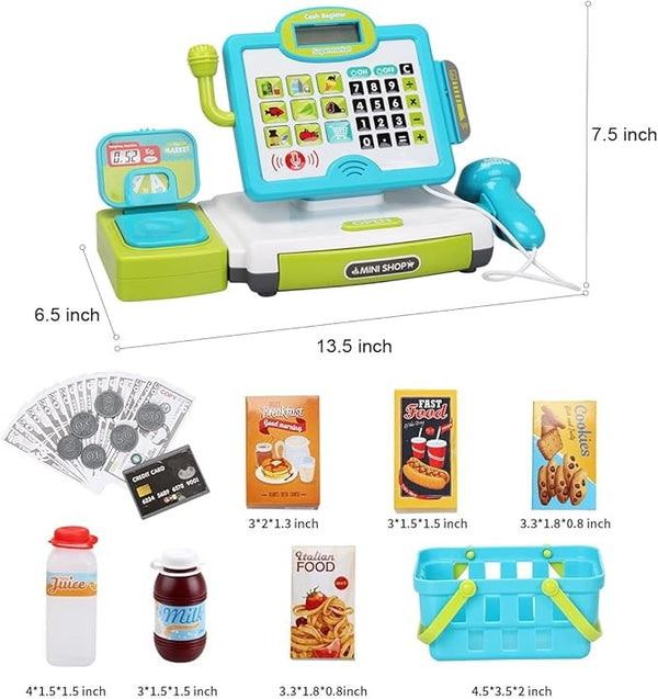 Pretend Play Calculator Cash Register Toy as Preschool Gift for Kids, Classic Count Toy with Sound, Microphone, Scanner, Pretend Credit Card, Play Food for Boys & Girls,45 Pieces, Ages 3 4 5 6 7