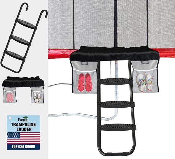 USA Universal Easy-To-Assemble Trampoline Ladder, 3 Steps with Wide Steps, Storage Bag, 220 Lbs Capacity Trampoline Accessories for Children Kids, Black