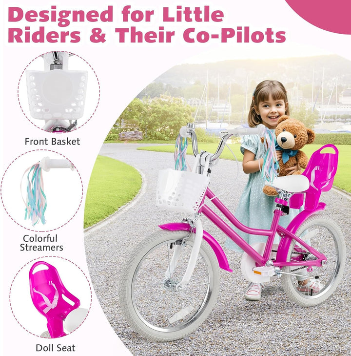 Kids Bike, 12 14 16 18 Inch Girls Bike W/Training Wheels, Doll Seat, Streamers, Handbrake & Coaster Brake, Fully Enclosed Chain, Princess Style Children Bicycle, Gift for Girls 3-8