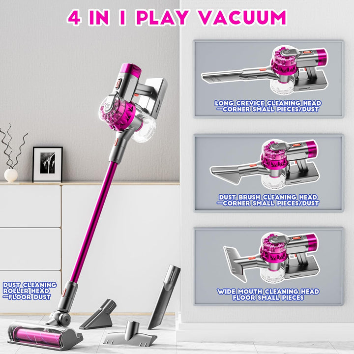 4-In-1 Kids Toy Vacuum That Really Works, Toddler Pretend Play Cleaning Set with Real Suction, Toys Working Cleaner Birthday Idea for 3 4 5 6 7+ Year Girl Boy (Rose Red)