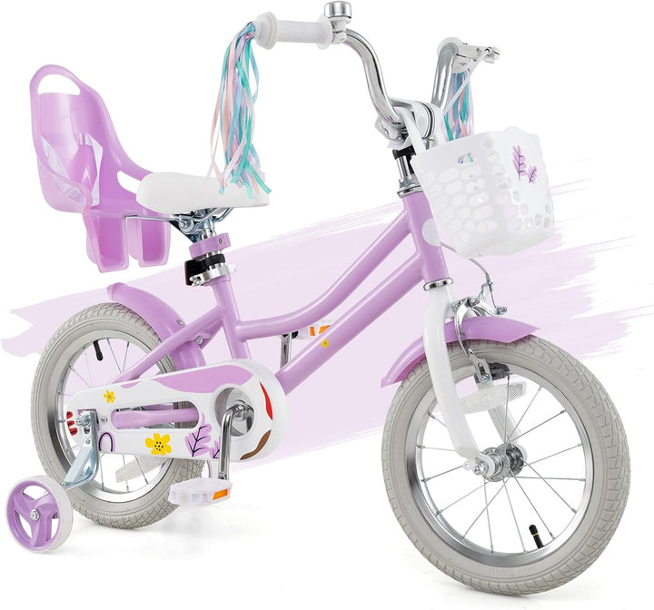 Kids Bike, 12 14 16 18 Inch Girls Bike W/Training Wheels, Doll Seat, Streamers, Handbrake & Coaster Brake, Fully Enclosed Chain, Princess Style Children Bicycle, Gift for Girls 3-8
