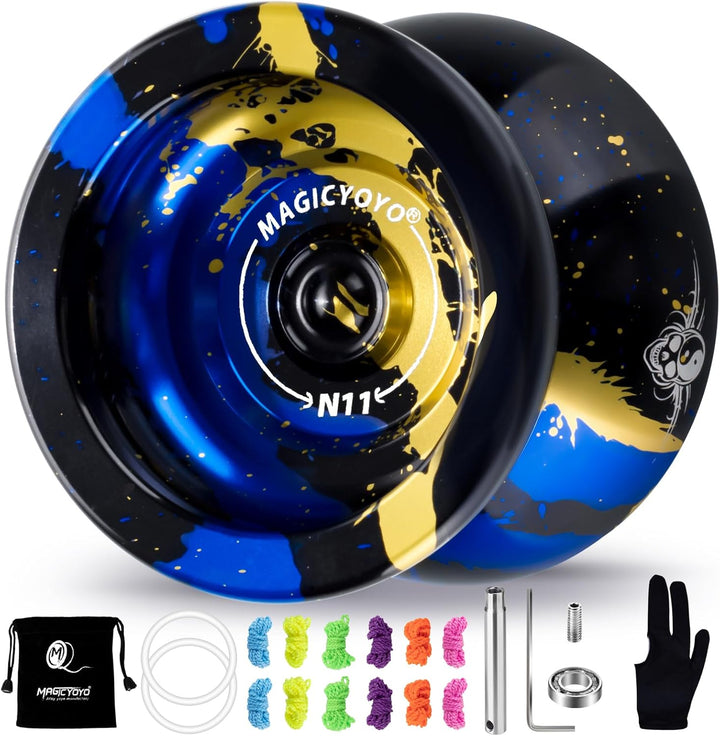 N11 Professional Unresponsive Yoyo N11 Dual Purpose Alloy Trick Yoyo Ball (Black with Golden) with Bag, Glove, 12 Yoyo Strings and Responsive Bearing Kit