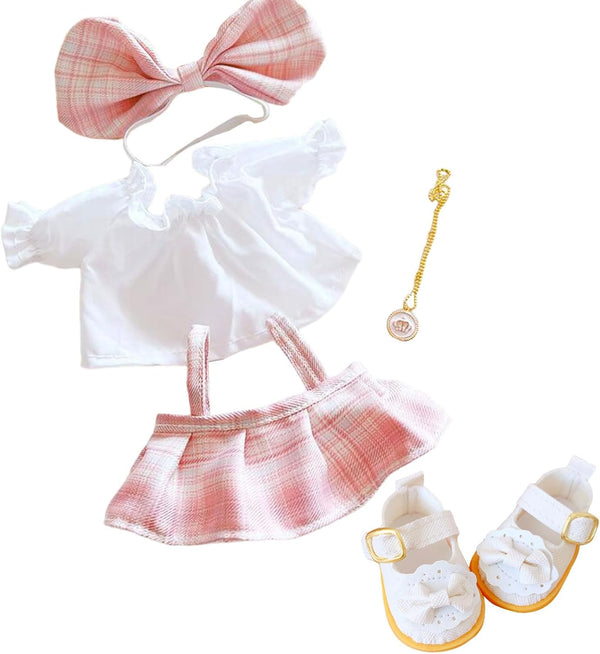 Plush Doll Clothes Set, Cute JK Uniform Set, Doll Dress Shirt Bow Necklace Shoes 5Pcs Outfits for 20Cm/8 Inch Soft Dolls Stuffed Animals (Pink Clothes Set-20Cm/8)