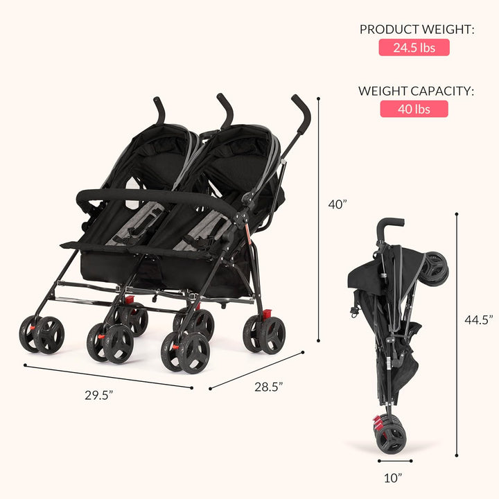 Volgo Twin Umbrella Stroller in Black, Lightweight Double Stroller for Infant & Toddler, Compact Easy Fold, Large Storage Basket, Large and Adjustable Canopy
