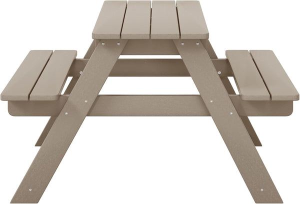 Malibu Outdoor Patio Kids HDPE Plastic Picnic Bench Table, Weathered Wood