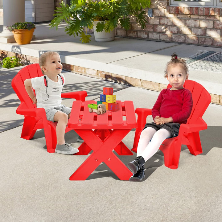 Kids Outdoor Table & Chair Set, Toddler Play Table with 2 Adirondack Chairs, 3 Pcs Kids Backyard Furniture, Stackable Design for Saving Space, for Beach, Garden, Lawn (Red)