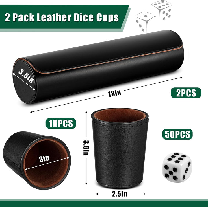 2 Set Liars Dice Game Include 10 Leather Dice Cups, 50 Dice and 2 Leather Storage Case with Magnetic Closure, Set Gift for Party, Craps, Backgammon, Travel(Black)