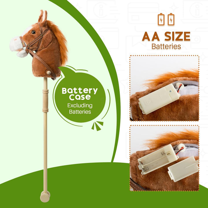 Stick Horse Plush Handcrafted Hobby Horse on a Stick with Wood Wheels Real Pony Neighing and Galloping Sounds for Kids Toddlers Dark Brown 36 Inches(Aa Batteries Required)