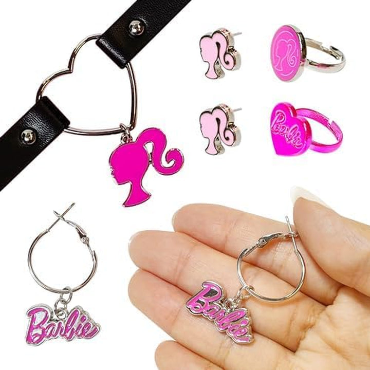 Barbie Themed 2-Piece Adjustable Ring Set, a Pair of Stud and Hoop Earrings, and a Choker for Girls - Barbie Themed Charms, Universally Fitting & Stylish Gifts - Ages 4+