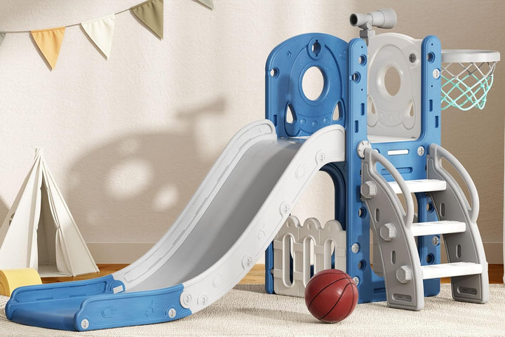 Toddler Slide 7 in 1 Outdoor Playset Kids Slides Indoor Playground for Backyard Baby Climber with Telescope Basketball Hoop and Ball Storage Space for Age 1+ Years (Blue)