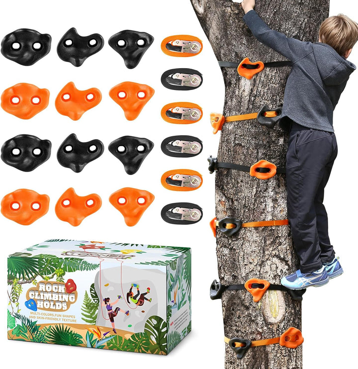 12 Ninja Tree Climbing Holds for Kids Climber, Adult Climbing Rocks with 6 Ratchet Straps for Outdoor Ninja Warrior Obstacle Course Training