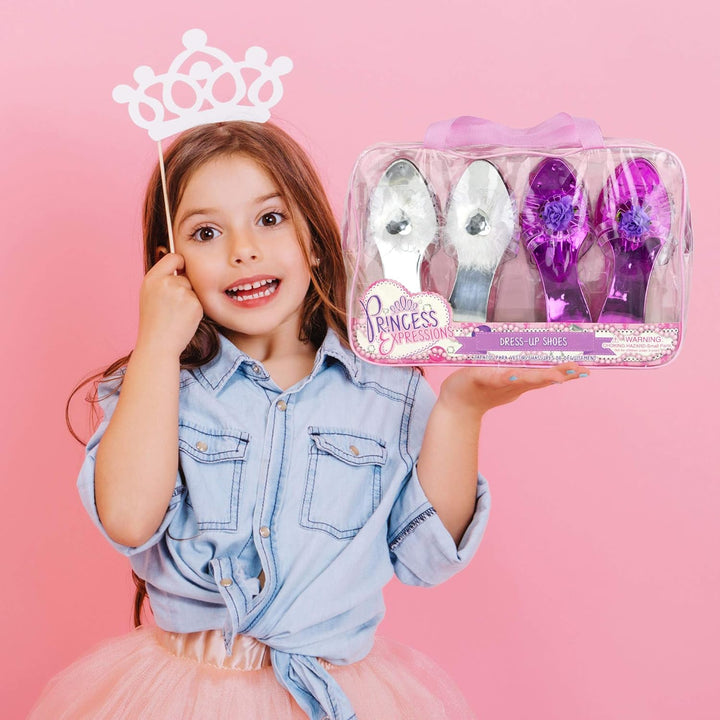 Expressions Toddler Girls Kids 4 Pack Dress up Royalty Shoes with Heels Set in Carrying Bag - Fits Toddler Shoe Size 7-10