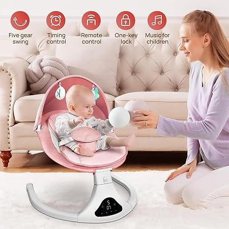 Simplecomfort Lightweight Compact 6-Speed Multi-Direction Baby Swing, Vibrations & Nature Sounds, 0-9 Months 6-20 Lbs (Pink Cassidy)