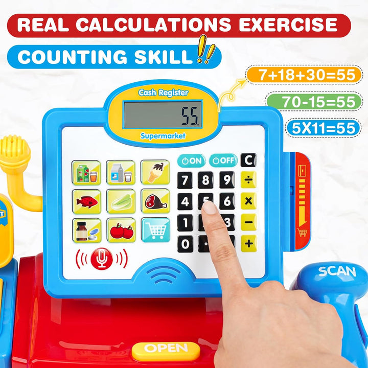 Cash Register Toy for Kids with Real Calculator, Cashier Register with Scanner/Weighter/Credit Card/ Play Money/ Food/Microphone, Pretend Play Store with Apron and Shopping Bag for Kids 3 4 5 6 7