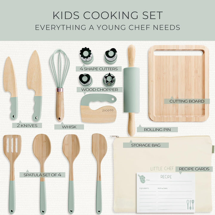 Wooden Cooking & Baking Set for Kids - Safe & Real Kitchen Tools Give Toddlers a Fun Cooking Experience - Durable Utensils Are Perfect for Gifting to Create Lasting Family Memories