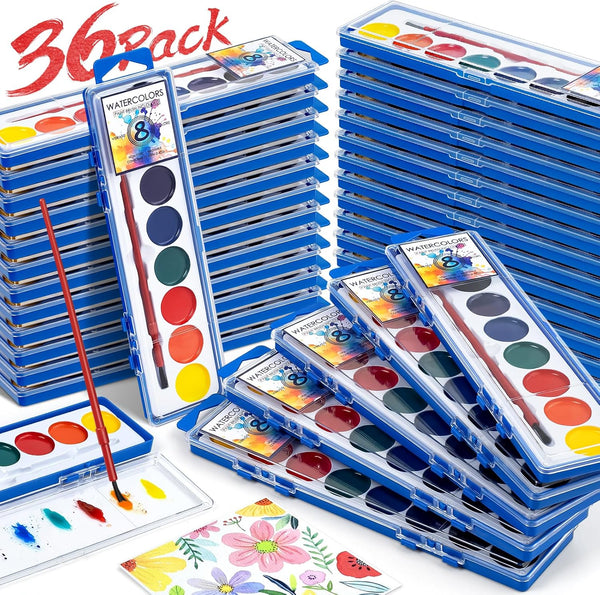 36 Pack Watercolor Paint Set Bulk,8 Colors Washable Watercolor Paint for Kids, Water Color Paint with Brushes, Ideal Gift for Party Favors, Art Supplies for School Classroom Home
