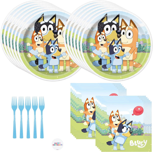 Bluey Birthday Party Supplies Set for 16 Guests - Bluey Plates and Napkins, Forks, Sticker - Birthday Decorations, Party Decorations