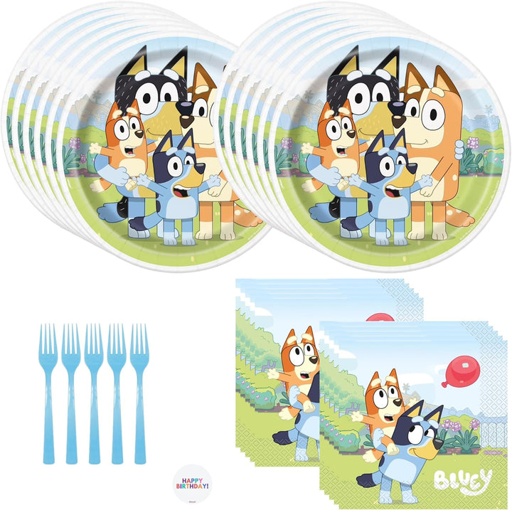 Bluey Birthday Party Supplies Set for 16 Guests - Bluey Plates and Napkins, Forks, Sticker - Birthday Decorations, Party Decorations
