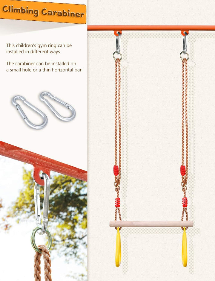 Trapeze Bar Swing Set Hanging Bar Rings for Kids 18" Wooden Swing Bar Heavy Duty Carabiner for Kids Backyard Outdoor Play