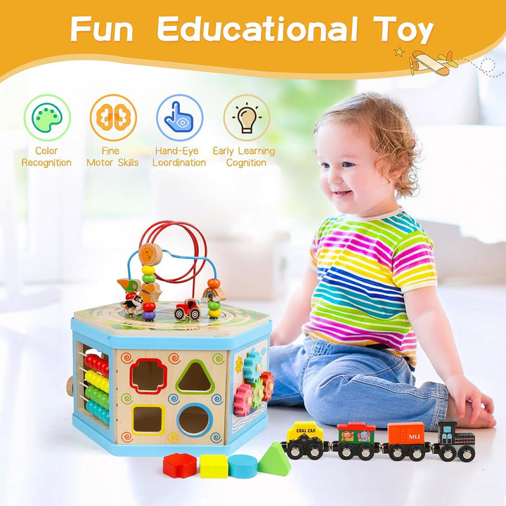 Wooden Activity Cube 9-In-1 Montessori Toys for 1+ Year Old Boys Girls Educational Learning Toys for Toddlers Age 1-2 One Year Old First Birthday Gift Bead Maze Magnetic Trains Track Shape Sorter