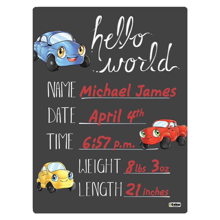Hello World Newborn Baby Announcement Chalkboard Sign with Automobile Theme, 12 by 16 Inches, No Marker
