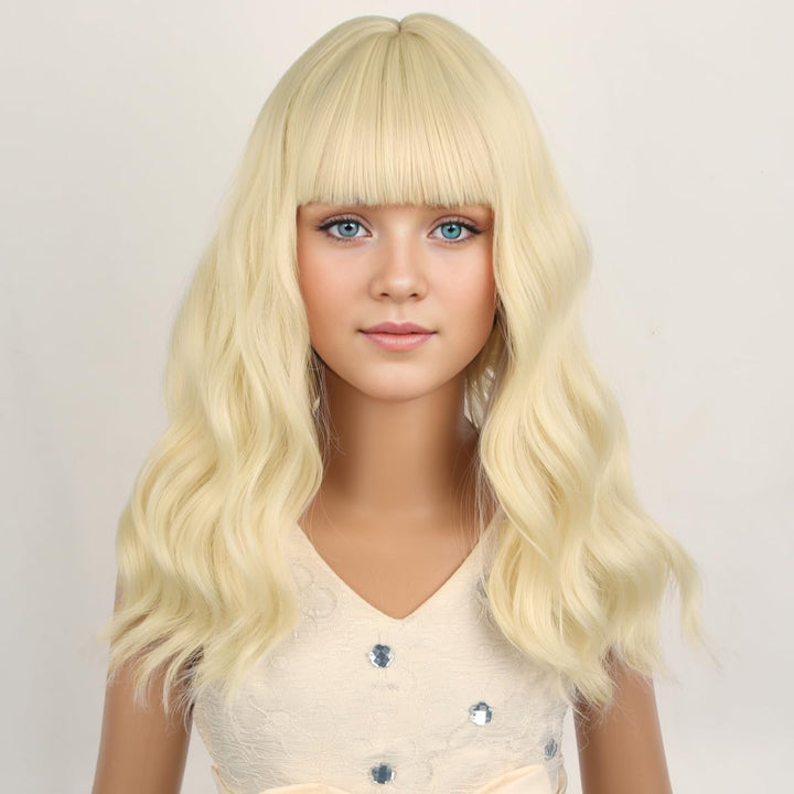 Blonde Wig Kids Child Short Wavy Wig with Bangs Flaxen Blonde Wigs Synthetic Girls Cosplay Halloween Party Costume Wigs (Flaxen Blonde)