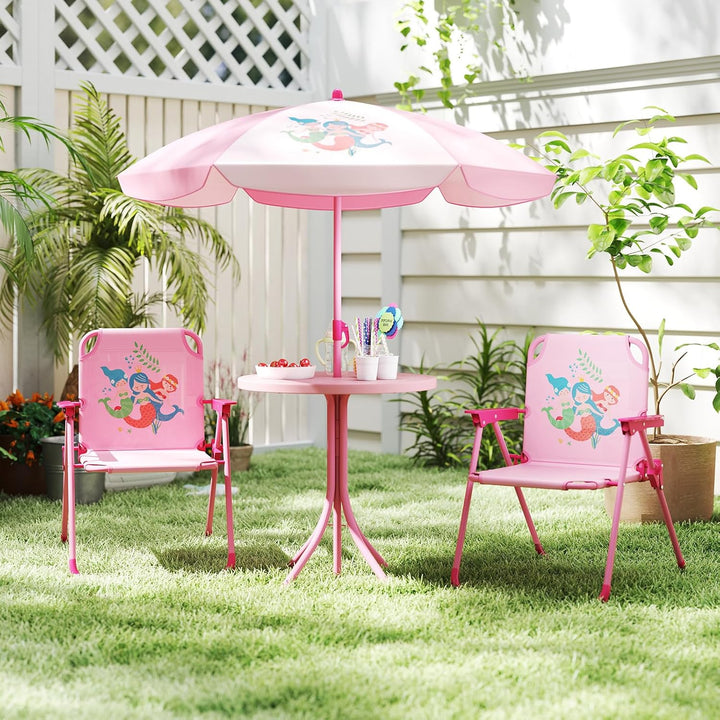 Kids Picnic Table, Animal Themed Toddler Outdoor Table and Chair Set, 2 Folding Chairs & Removable Umbrella, Children Outdoor Furniture for Backyard Patio Garden (Pink Mermaid)