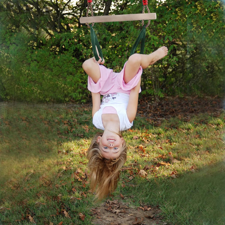 Playground Children'S Wooden Trapeze Swing Bar with Plastic Gym Rings Swing Set for Indoor & Outdoor Fun