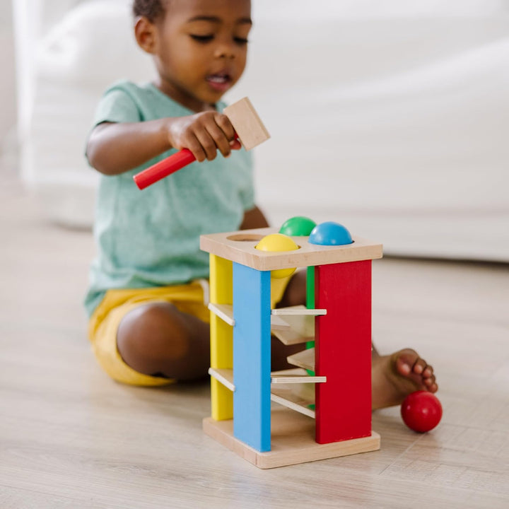 Deluxe Pound and Roll Wooden Tower Toy with Hammer, White